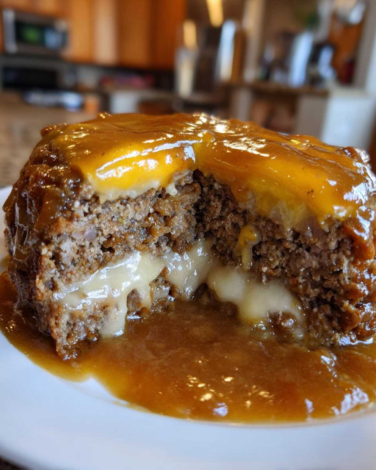 A cross-section of crockpot french onion meatloaf showing melted cheese oozing out, covered in rich brown gravy.