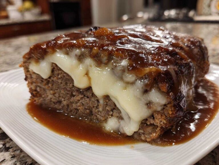 Close-up of a slice of crockpot french onion meatloaf topped with melted white cheese and rich brown gravy.