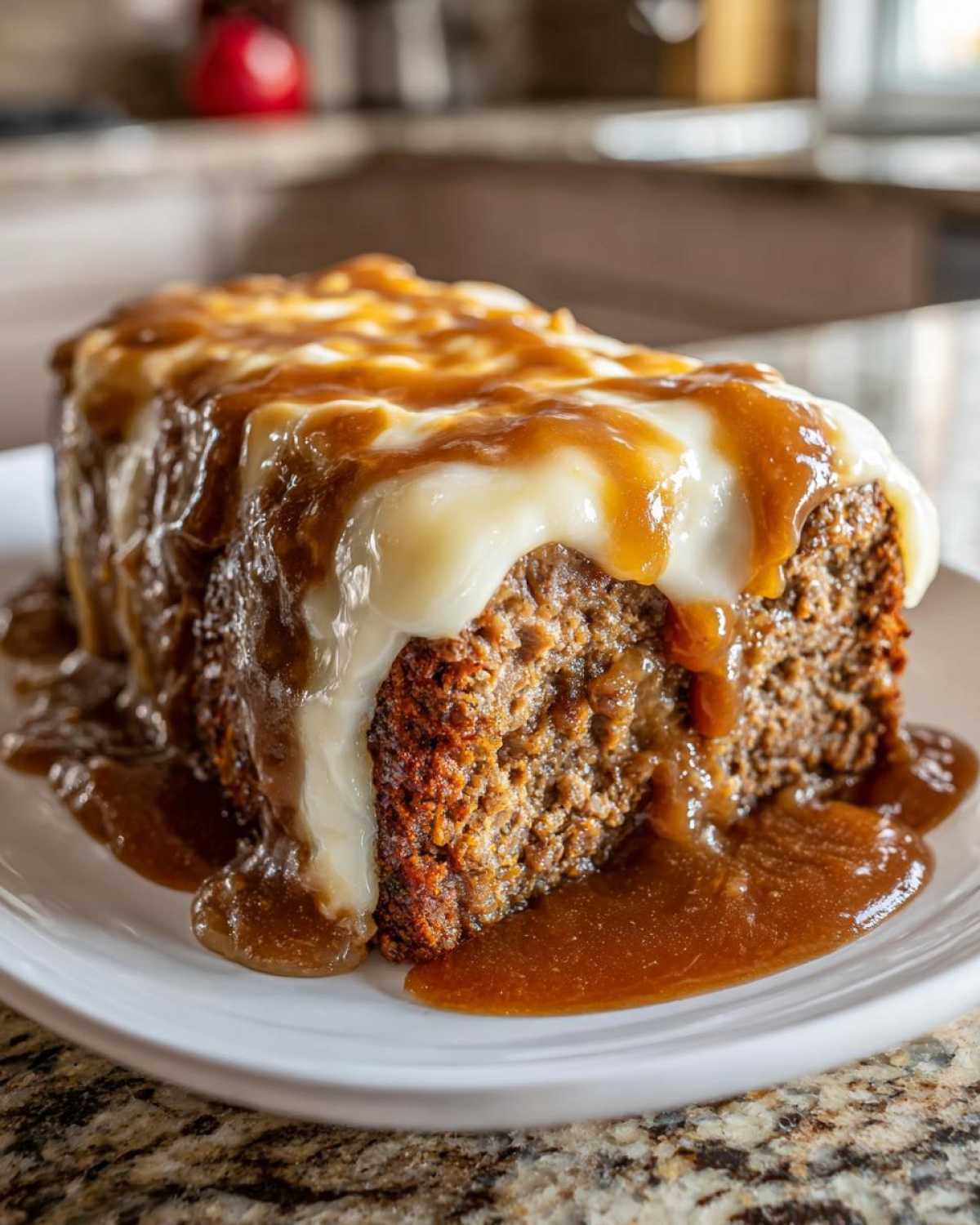 A thick slice of crockpot french onion meatloaf topped with melted cheese and rich brown gravy.