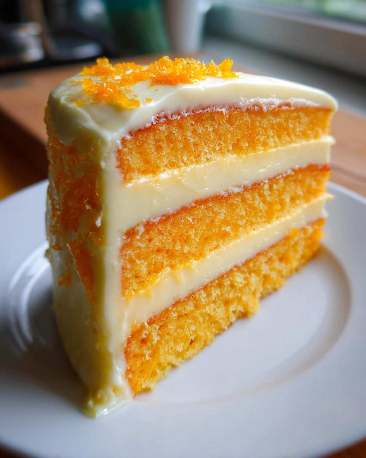 A tall slice of moist Creamsicle Cake showing three layers of orange sponge cake separated by creamy white filling, topped with frosting and orange zest.