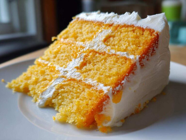 A close-up of a moist, three-layer slice of Creamsicle Cake with bright orange sponge and white frosting.