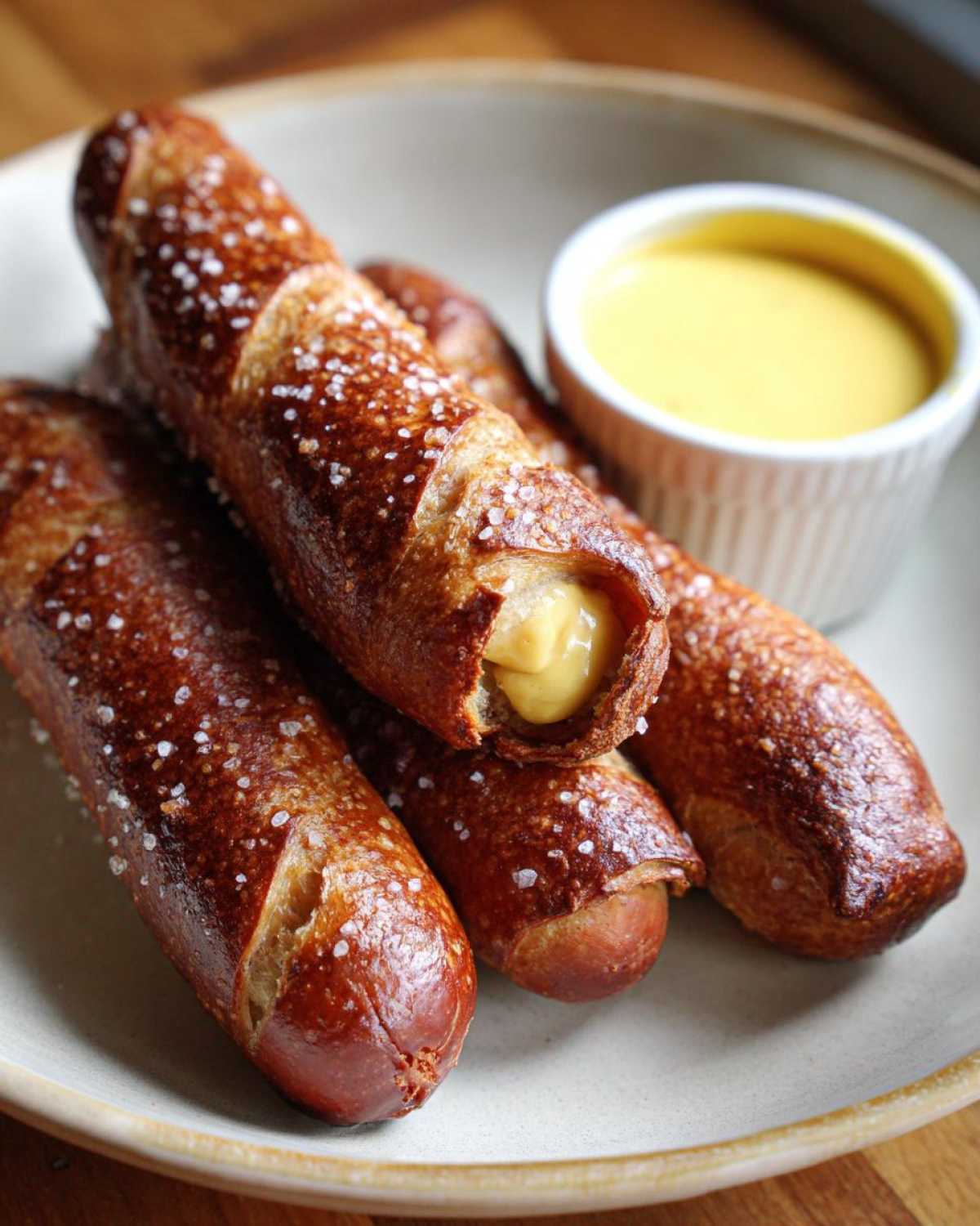 Four golden brown pretzel dogs sprinkled with coarse salt, one showing melted cheese filling, served with a side of yellow mustard dip.