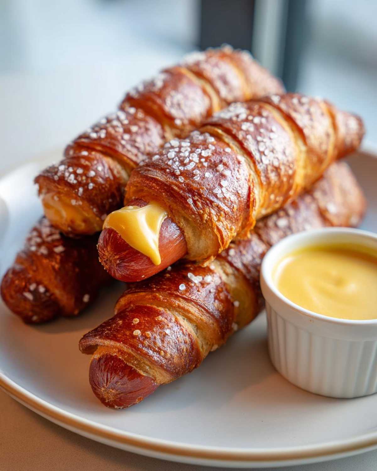 A stack of golden brown pretzel dogs, some showing melted cheese oozing out, served with a side of cheese sauce.
