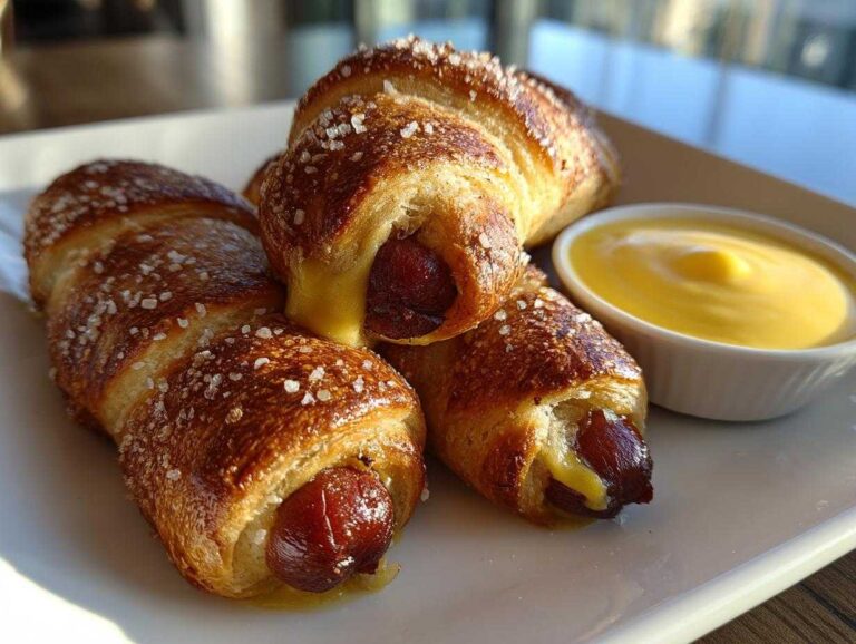 Three freshly baked pretzel dogs sprinkled with coarse salt, served with a side of bright yellow cheese sauce.
