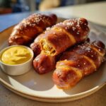 A plate of freshly baked pretzel dogs sprinkled with coarse salt, served with a side of bright yellow mustard.