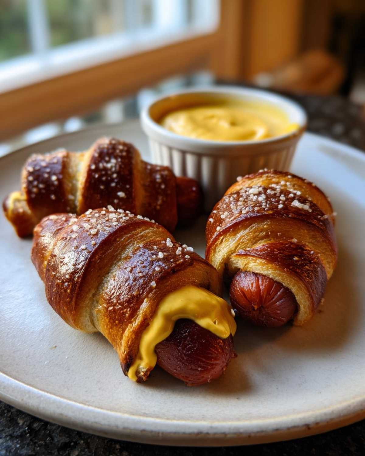 Three golden brown pretzel dogs sprinkled with coarse salt, served with a side of bright yellow cheese sauce for dipping.