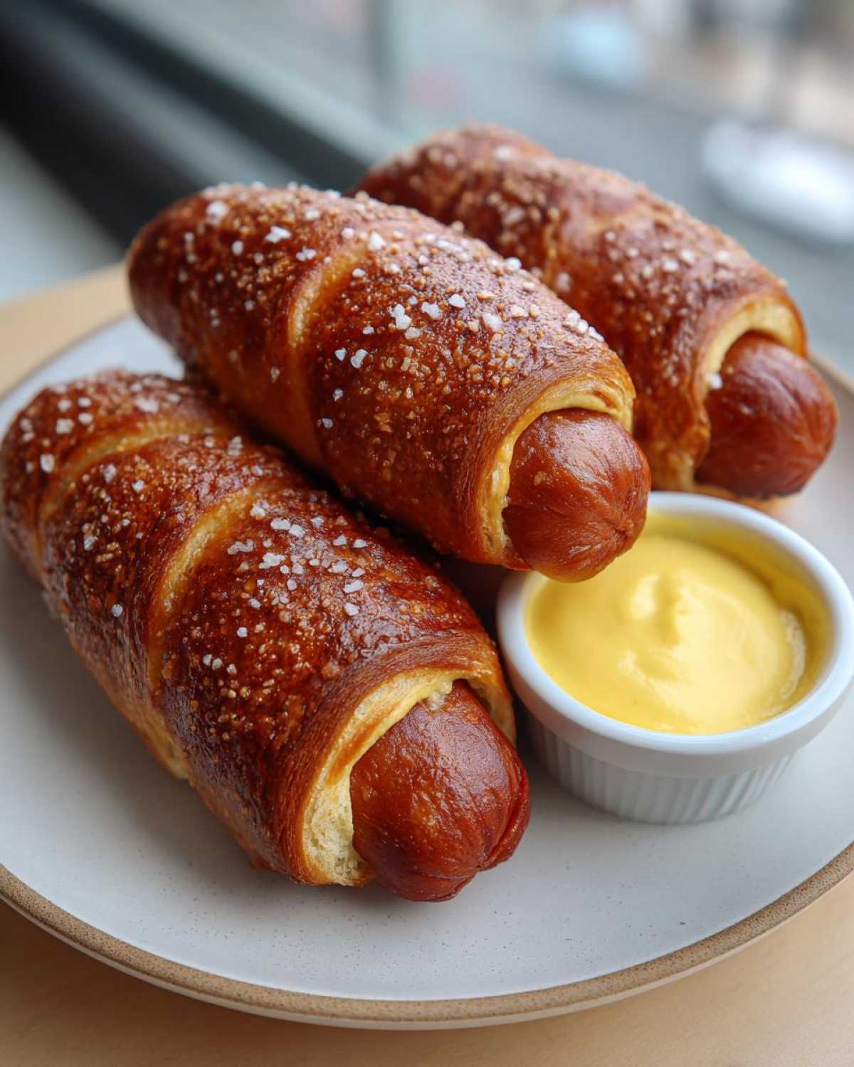 Three freshly baked pretzel dogs, sprinkled with coarse salt, served on a plate with a side of bright yellow cheese sauce.