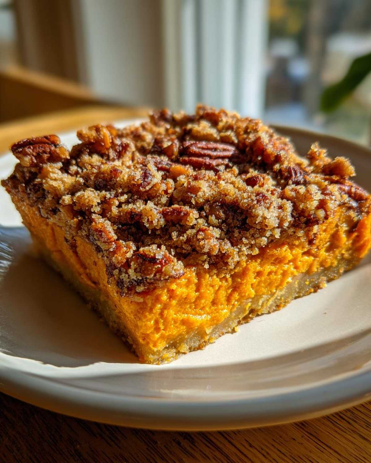 A square slice of easy sweet potato casserole with a thick, crunchy pecan streusel topping on a light plate.