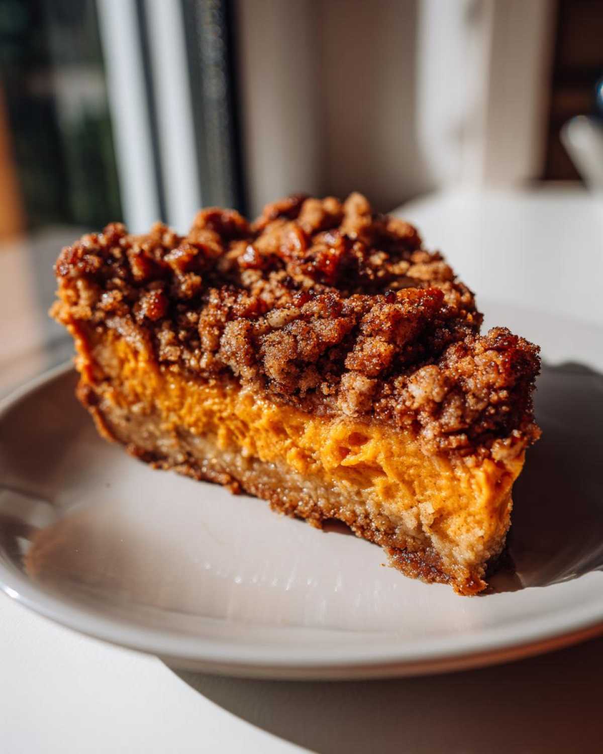 A close-up slice of easy sweet potato casserole featuring a bright orange filling and thick, dark brown pecan crumble topping.