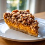 A close-up of a slice of easy sweet potato casserole featuring a bright orange filling and a thick, crunchy pecan crumble topping.