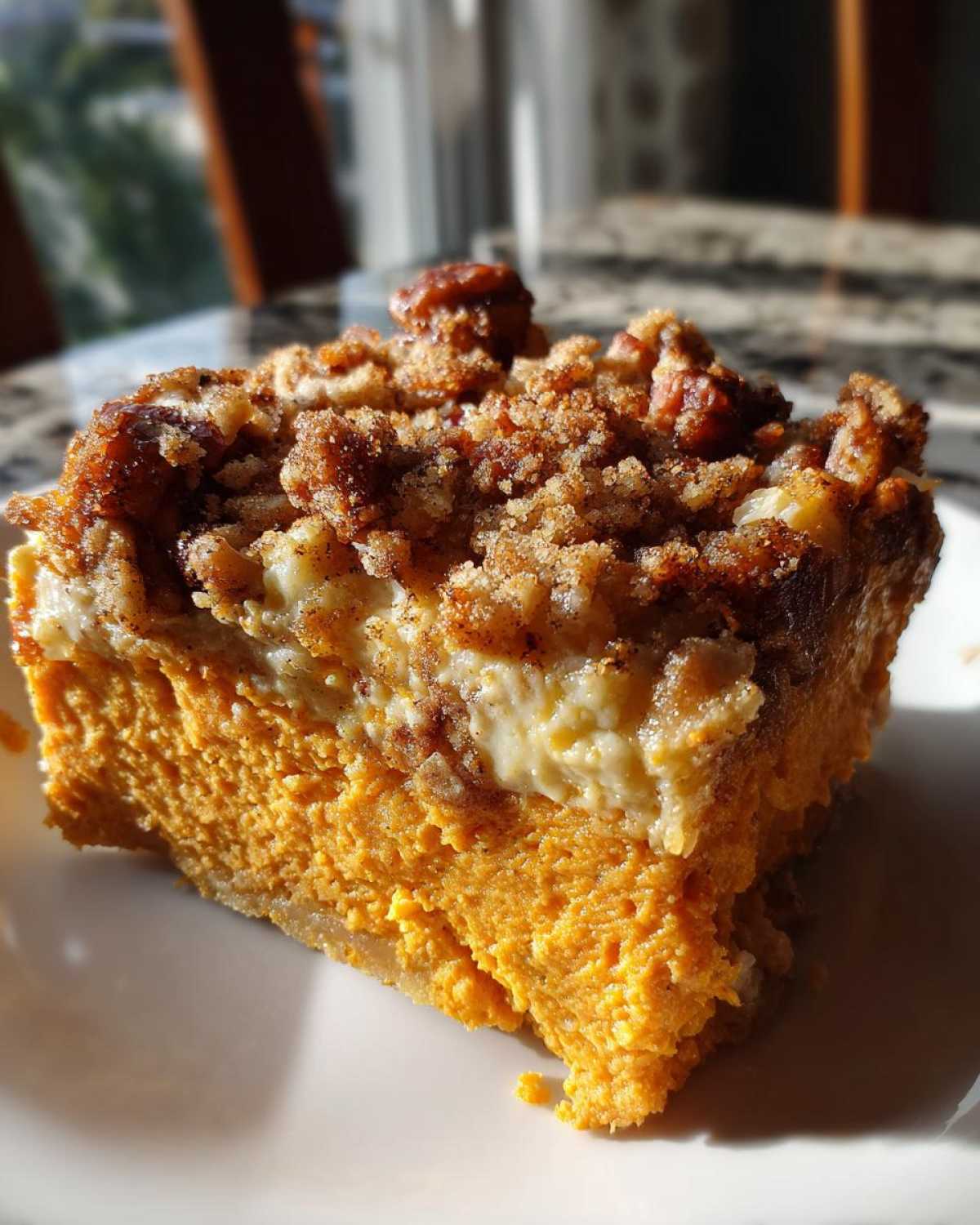 A close-up slice of easy sweet potato casserole featuring a thick orange layer, a creamy middle layer, and a crunchy pecan streusel topping.