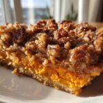 Close-up of a slice of easy sweet potato casserole showing the bright orange filling and crunchy pecan streusel topping.