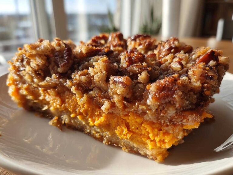 Close-up of a slice of easy sweet potato casserole showing the bright orange filling and crunchy pecan streusel topping.