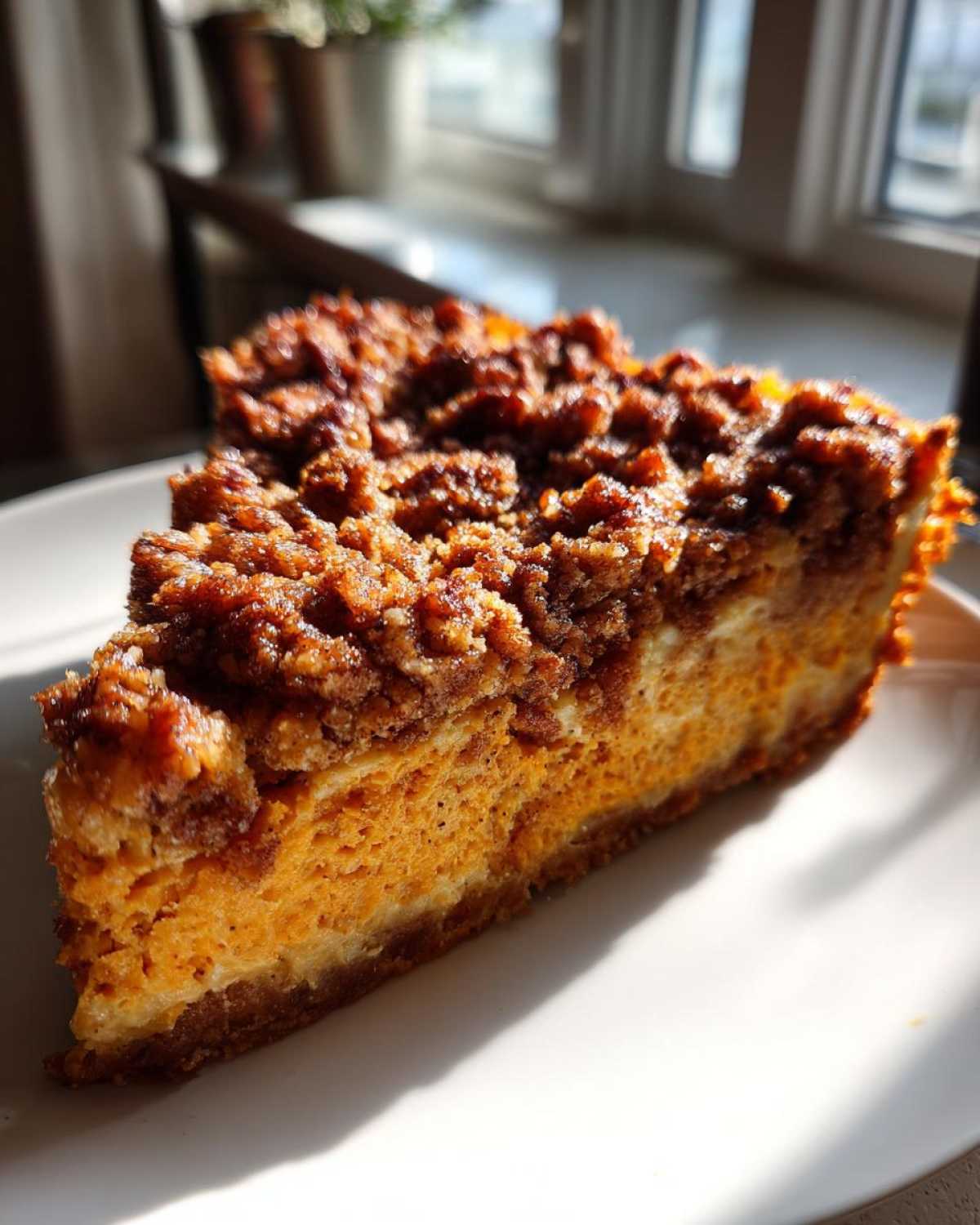 A close-up slice of easy sweet potato casserole featuring a bright orange filling and a thick, crunchy brown sugar streusel topping.