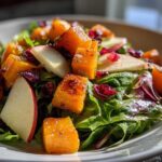 Close-up of a vibrant fall harvest salad featuring roasted butternut squash, apple slices, and dried cranberries over mixed greens.