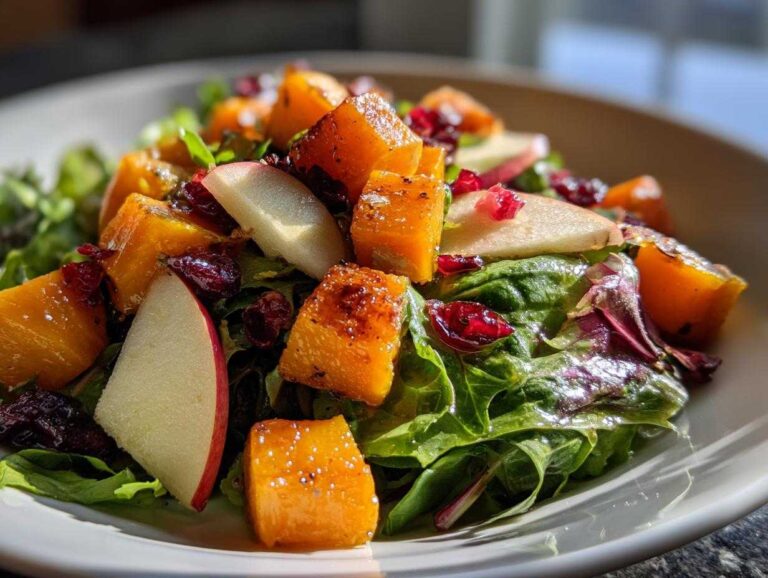Close-up of a vibrant fall harvest salad featuring roasted butternut squash, apple slices, and dried cranberries over mixed greens.