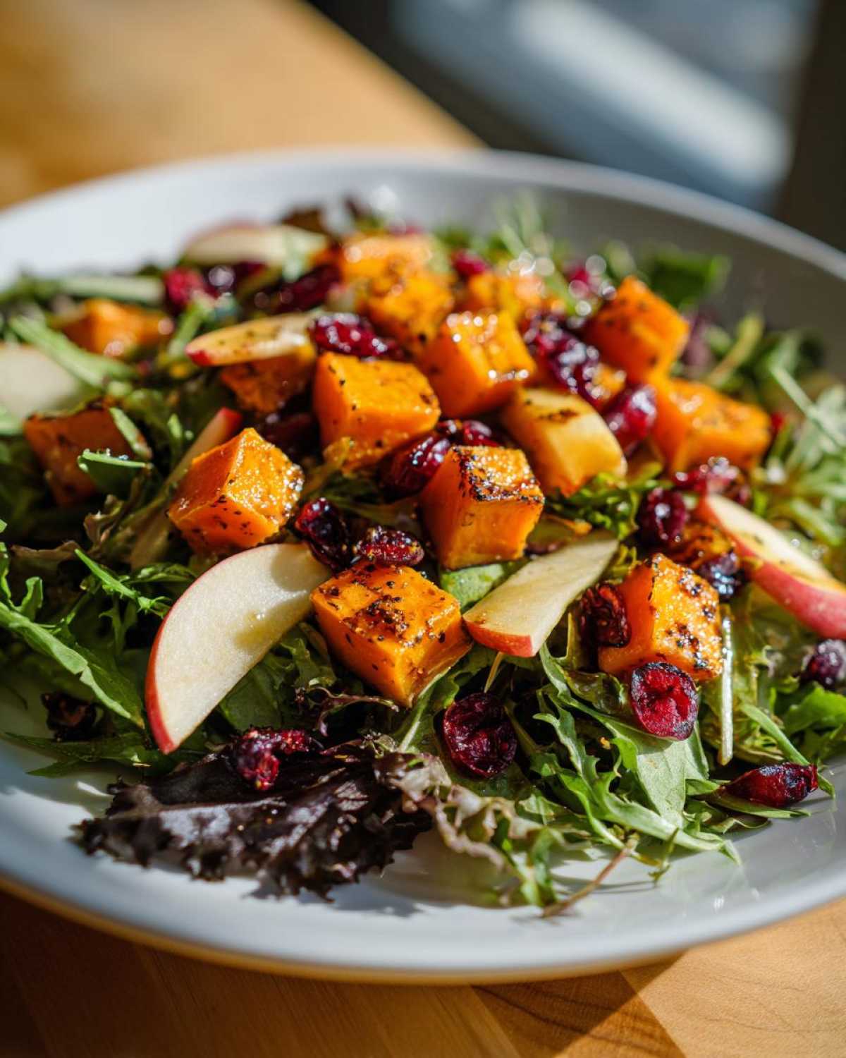 Close-up of a vibrant fall harvest salad featuring roasted squash cubes, apple slices, and dried cranberries on mixed greens.