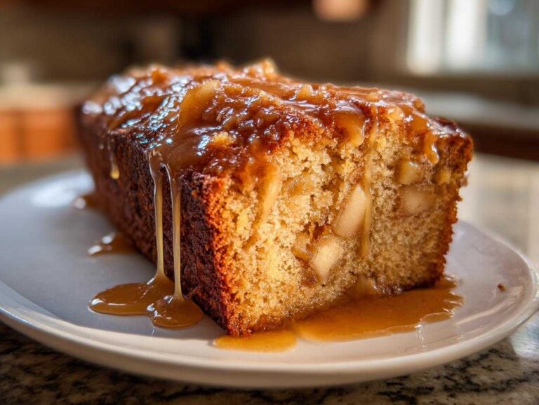 Close-up of a slice of moist apple dapple cake topped with rich caramel sauce dripping down the side.