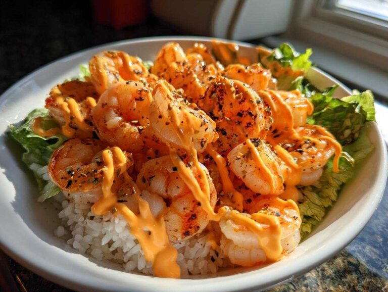 Close-up of a vibrant shrimp bowl featuring seasoned shrimp drizzled with orange sauce over rice and lettuce.