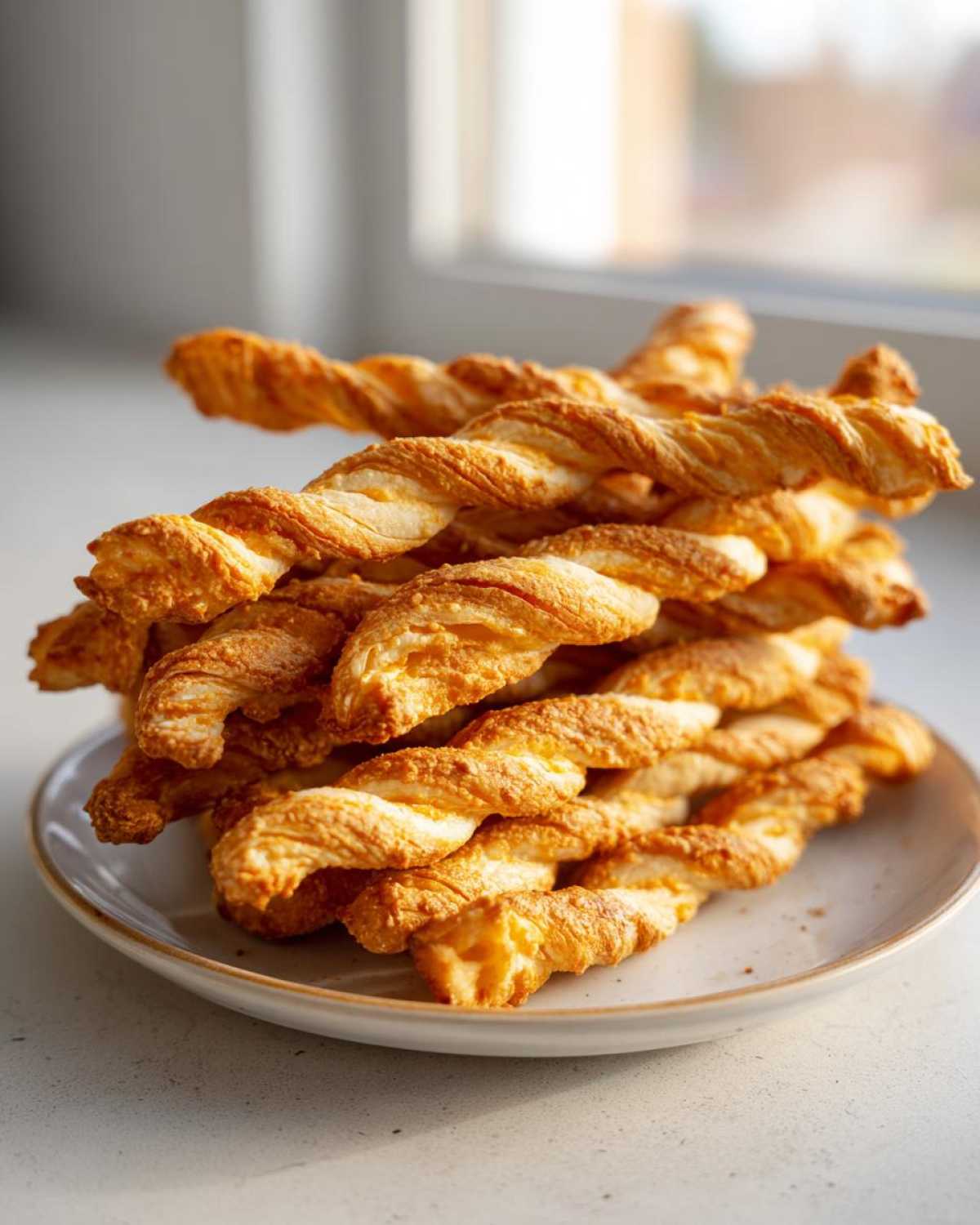 A tall stack of golden, flaky, twisted cheese straws recipe resting on a small white plate.