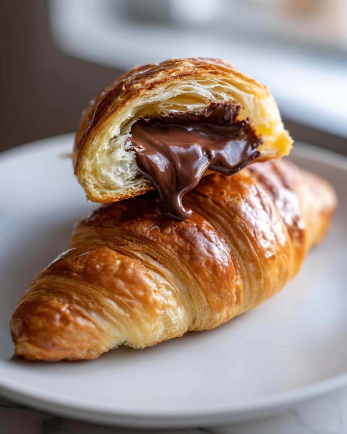 A flaky chocolate croissant cut in half, showing rich, melted chocolate oozing out.