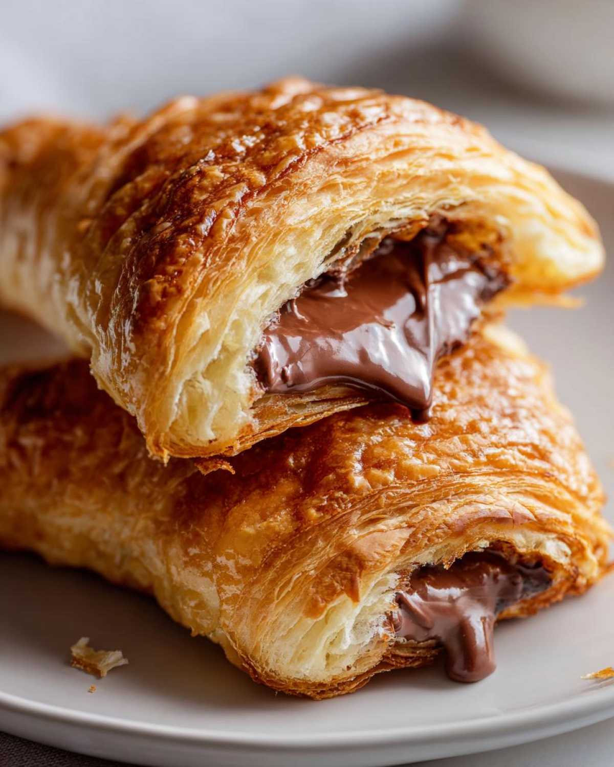 Close-up of two flaky chocolate croissant halves stacked, revealing gooey, melted chocolate filling oozing out.