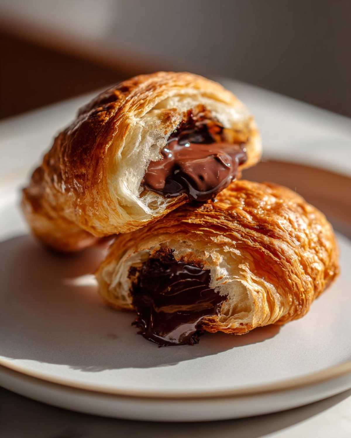 Close-up of a flaky chocolate croissant cut in half, revealing rich, melted chocolate oozing out.