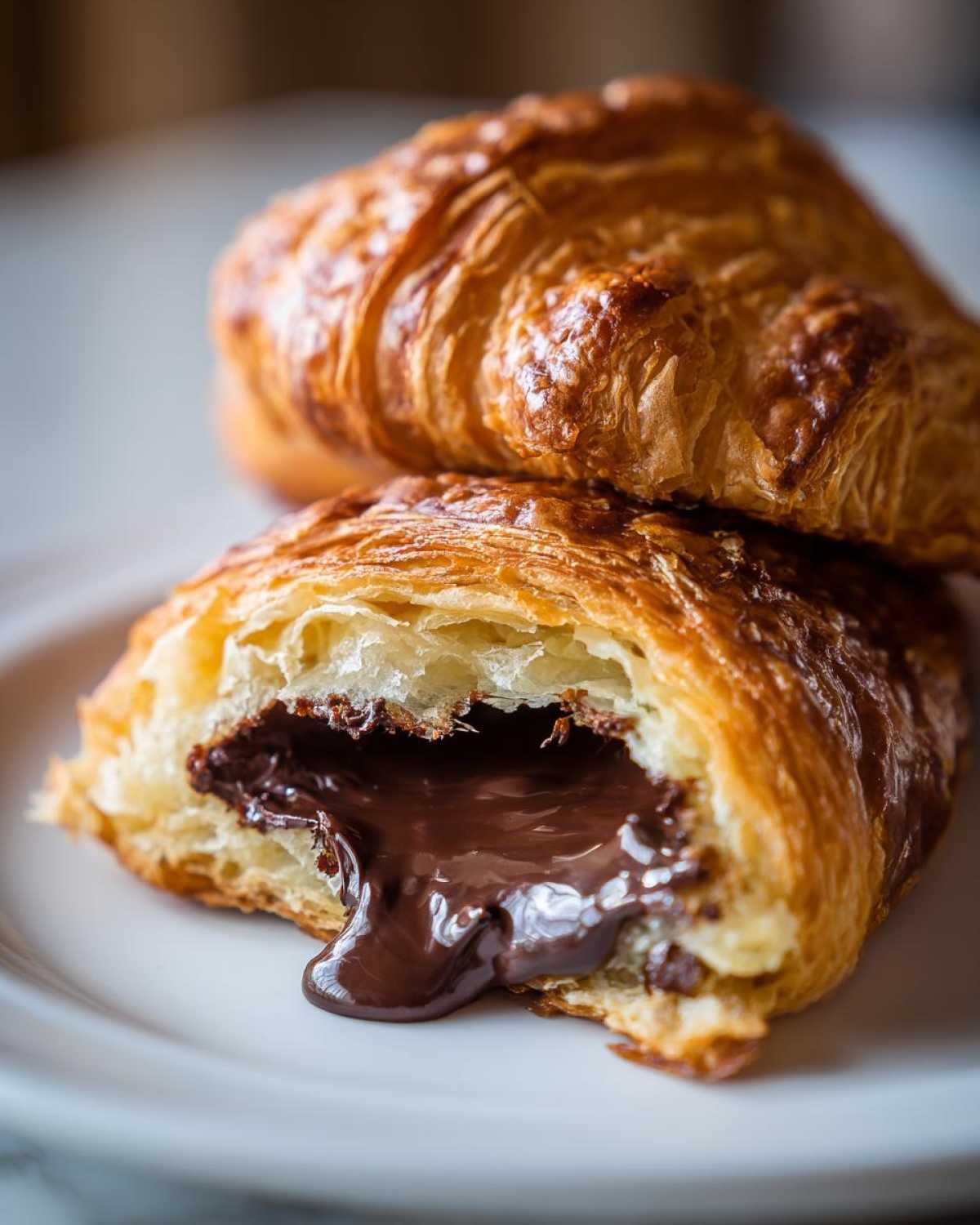 Close-up of a flaky chocolate croissant cut in half showing gooey, melted chocolate oozing out.