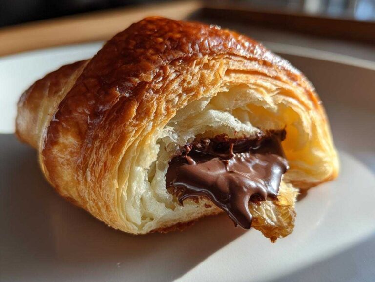 Close-up of a flaky, golden brown chocolate croissant with rich, melted chocolate oozing out.