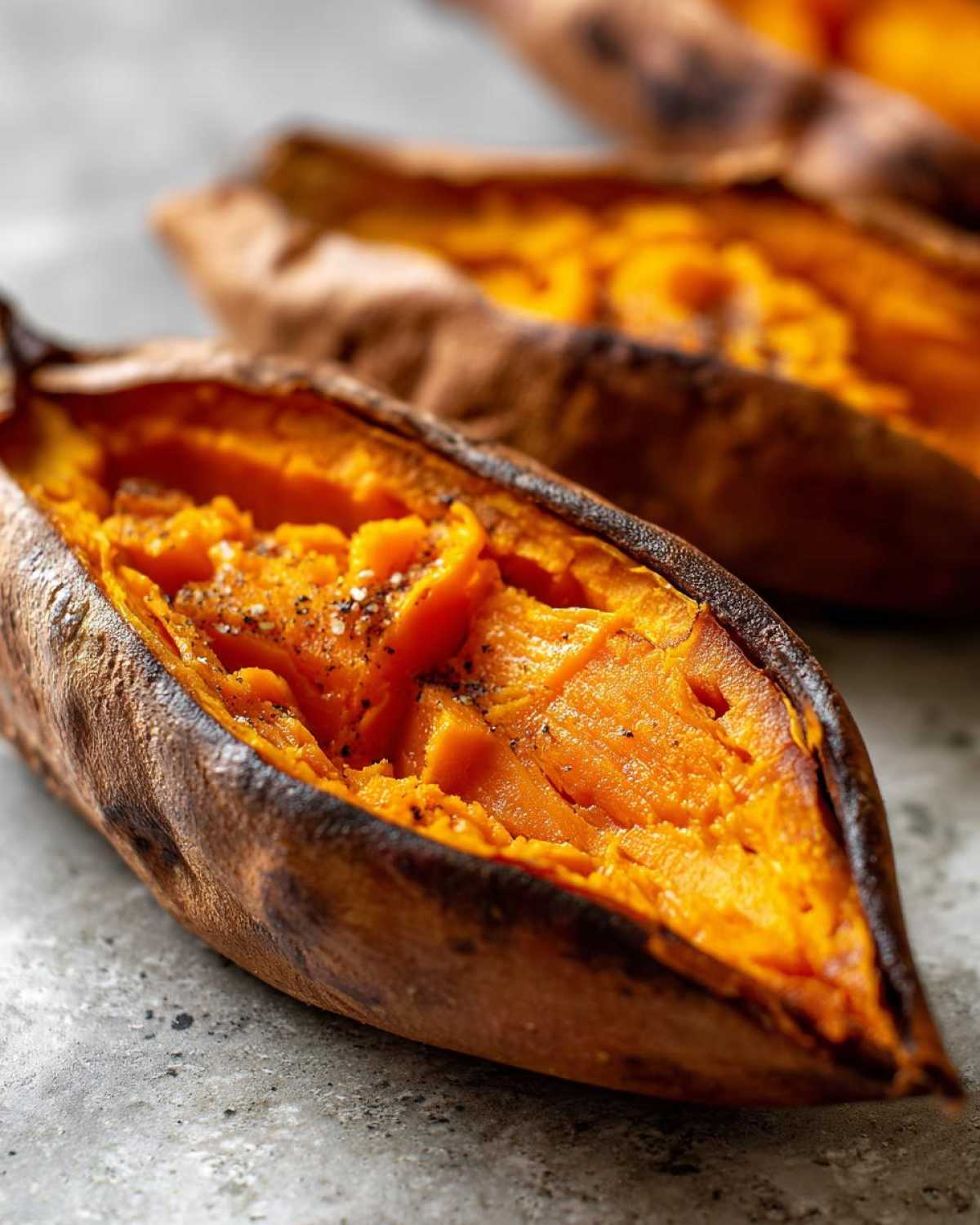 Close-up of a perfectly baked sweet potato, split open to show fluffy orange flesh seasoned with salt and pepper.