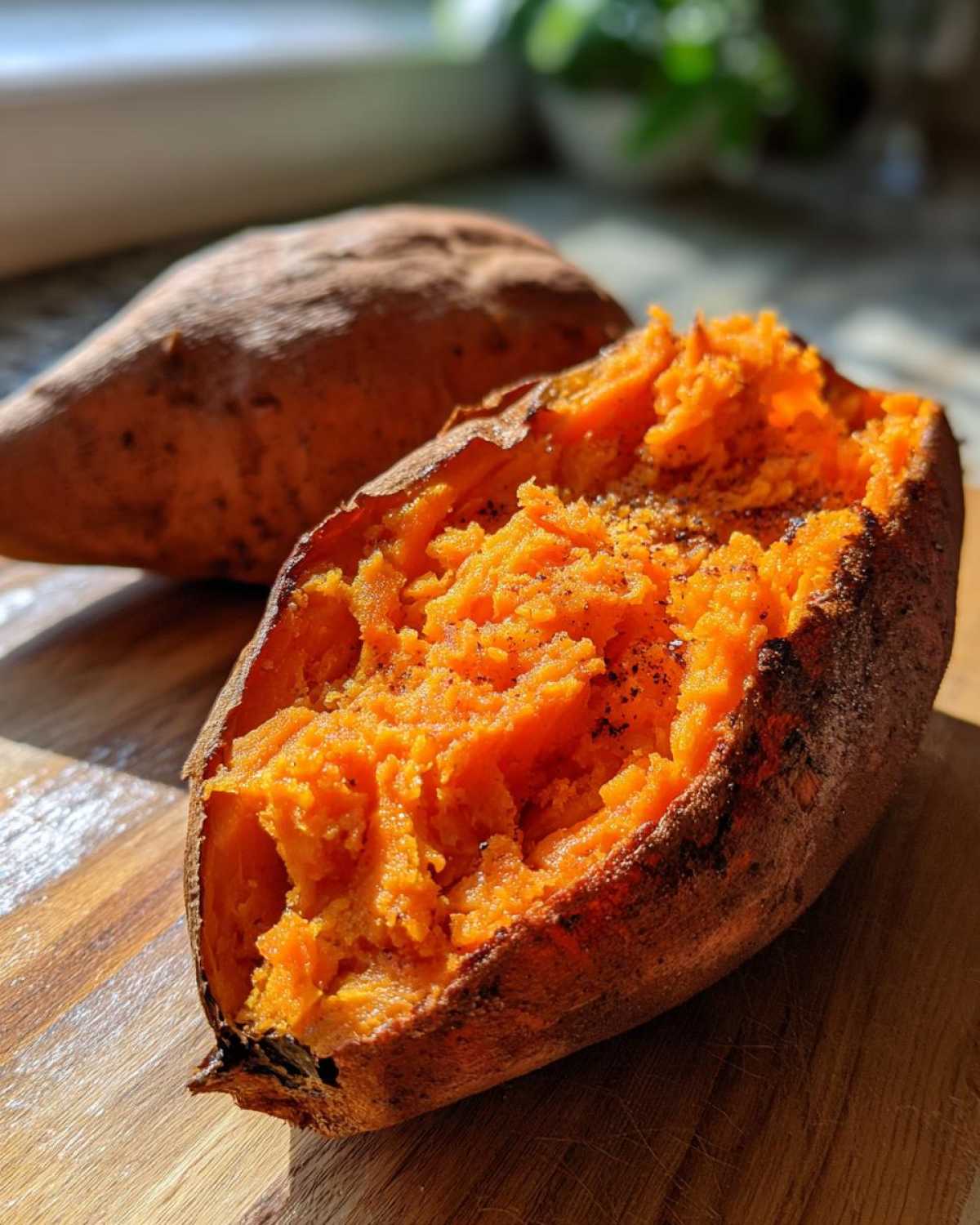 Close-up of a perfectly baked sweet potatoes, split open to show the fluffy, bright orange interior seasoned with pepper.