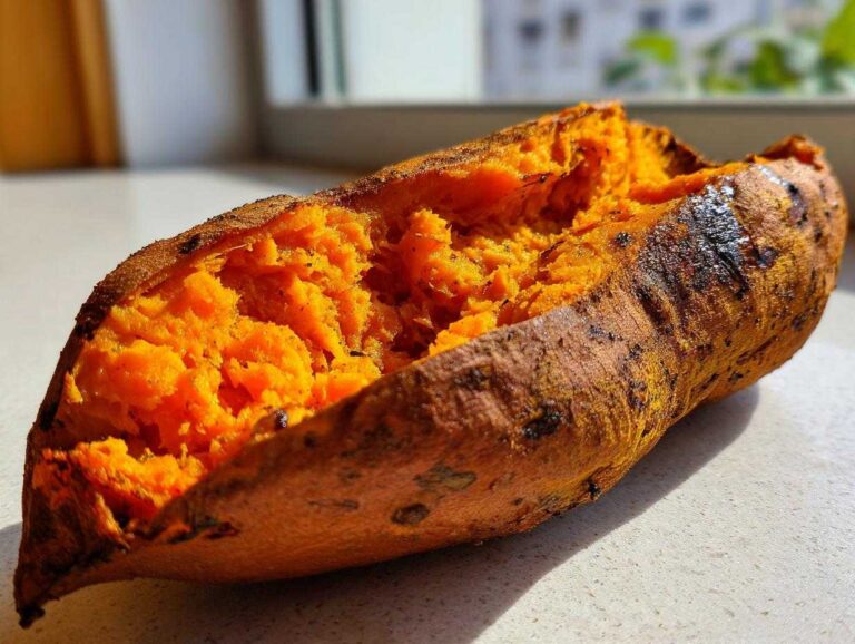 Close-up of a perfectly baked sweet potatoes split open, revealing fluffy, bright orange flesh.