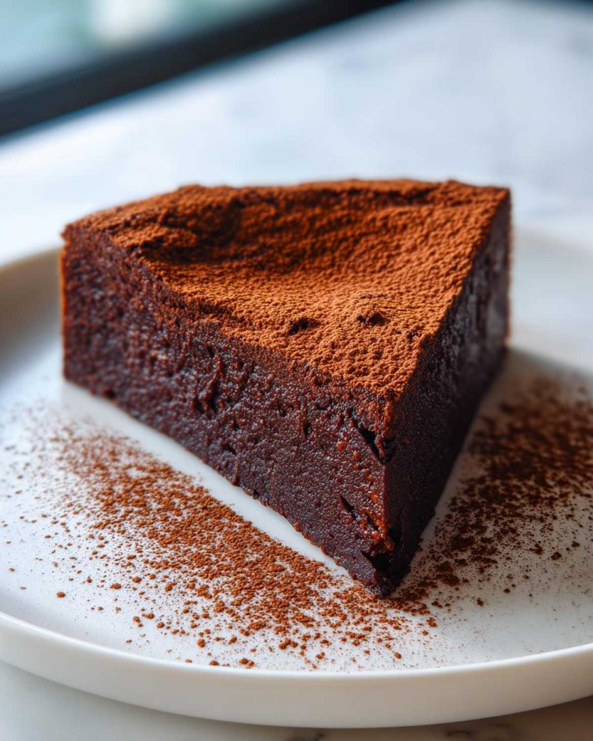 A dense, triangular slice of flourless chocolate torte dusted heavily with cocoa powder, served on a white plate.