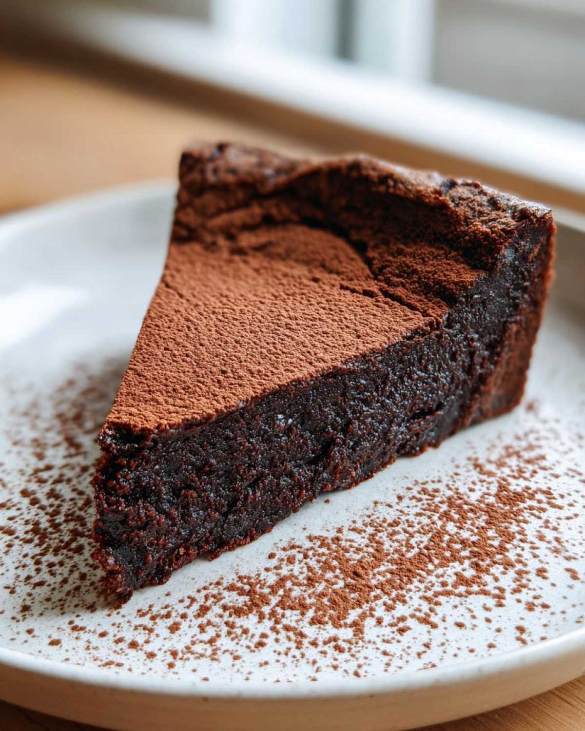 A close-up of a moist slice of flourless chocolate torte dusted heavily with cocoa powder on a white plate.