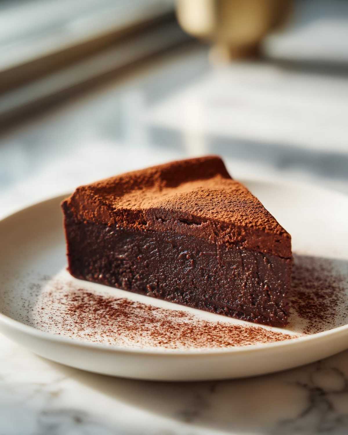 A dense, dark slice of flourless chocolate torte dusted with cocoa powder on a white plate.