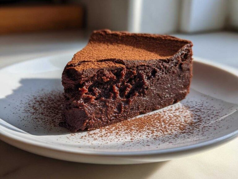 A decadent slice of flourless chocolate torte, intensely dark and fudgy, dusted with cocoa powder on a white plate.