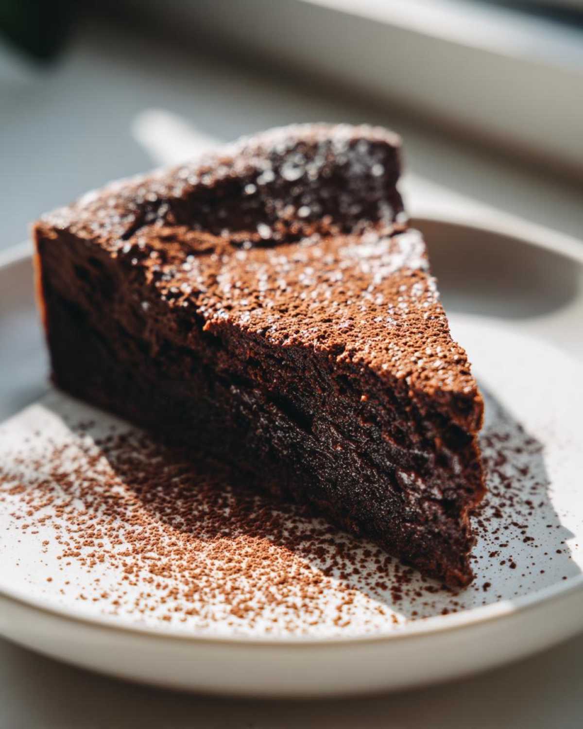 A rich, dark slice of flourless chocolate torte dusted with cocoa powder and powdered sugar on a white plate.