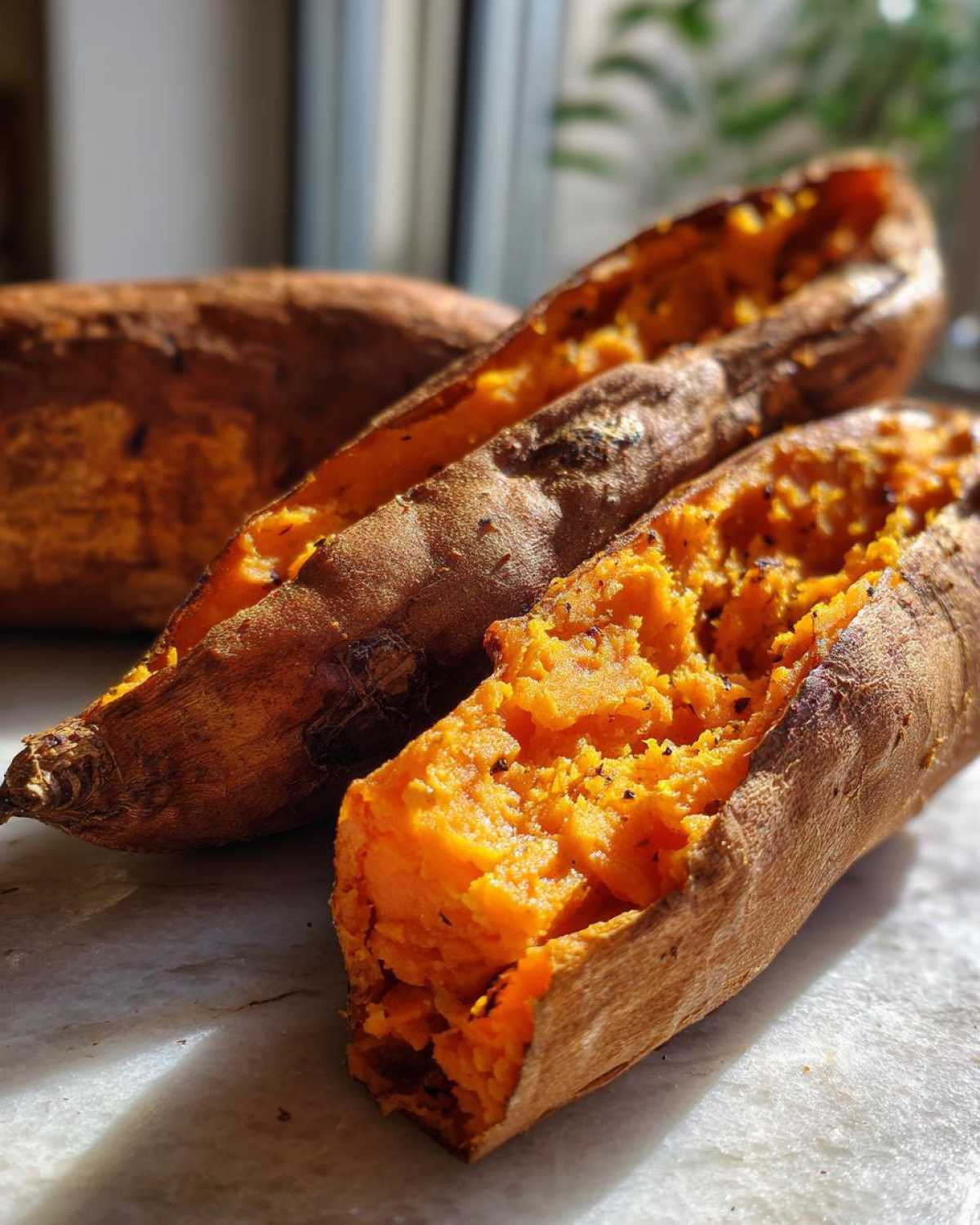 Close-up of fluffy baked sweet potatoes split open, showing the bright orange interior.