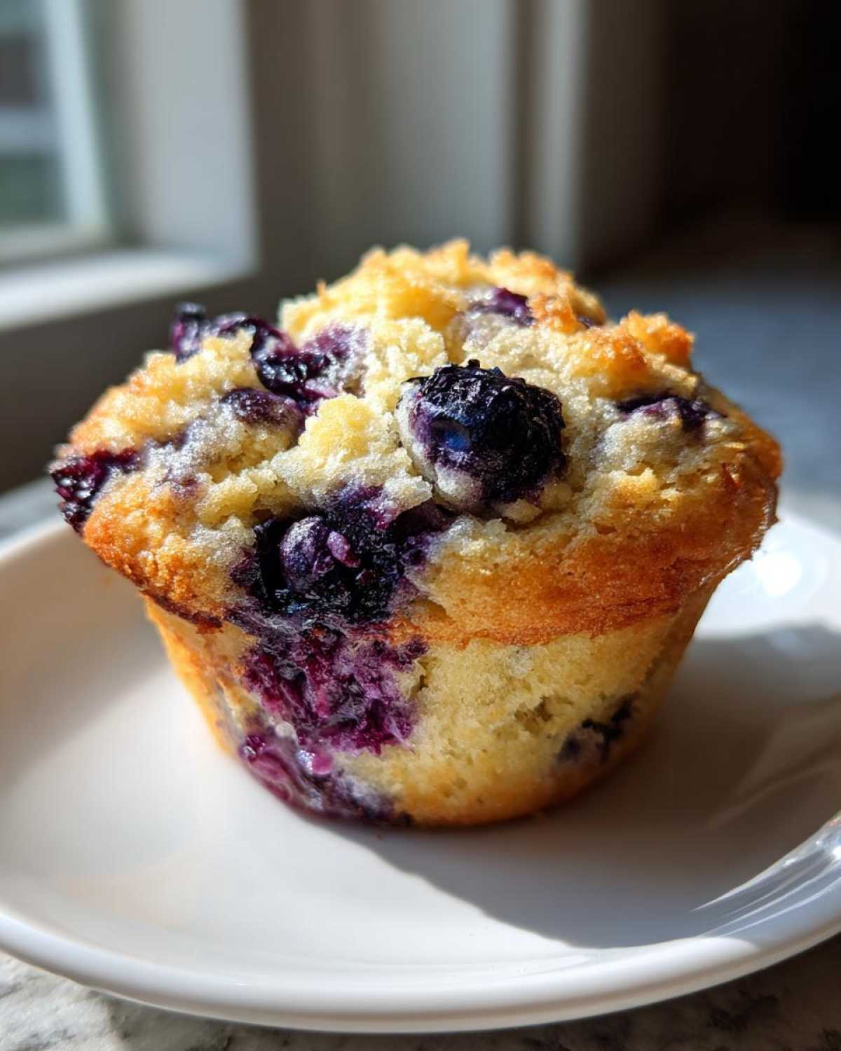 A close-up of a fluffy blueberry cottage cheese muffin with a golden top and bursting blueberries.