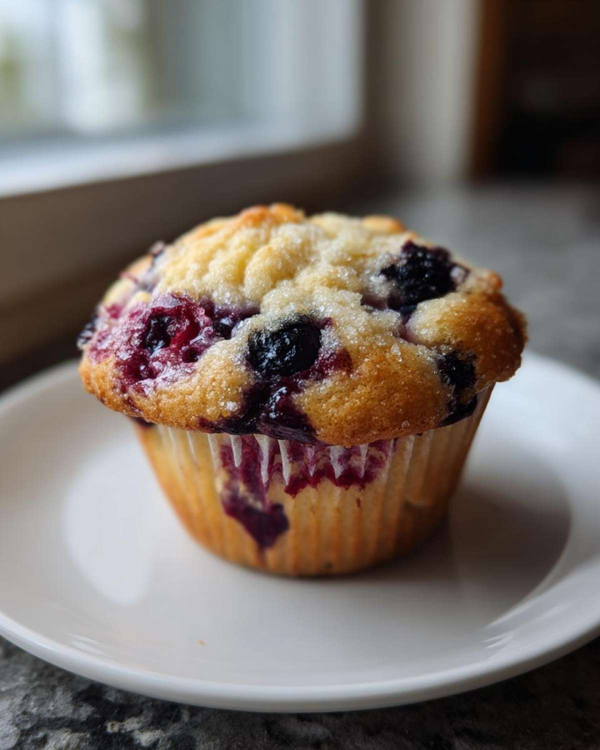 A single, fluffy blueberry cottage cheese muffin with a sugary top sitting on a white plate.