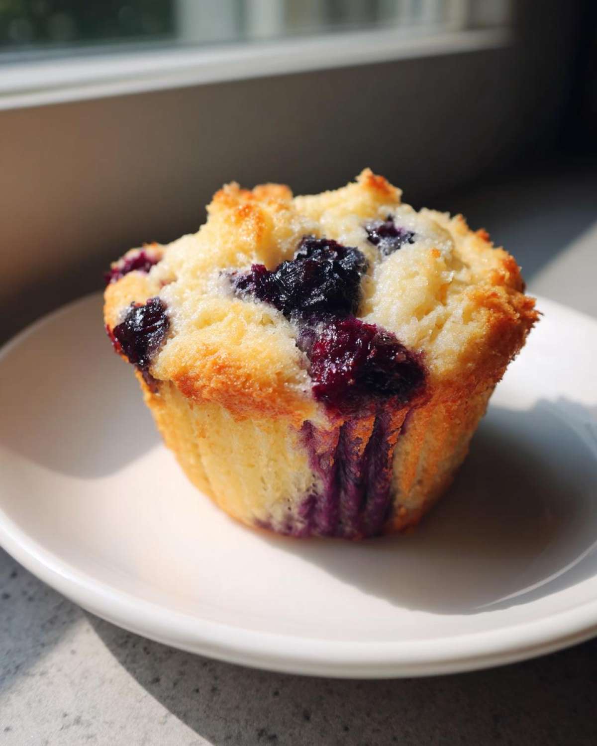 A single, fluffy blueberry cottage cheese muffin with a golden top and burst blueberries sitting on a white plate.