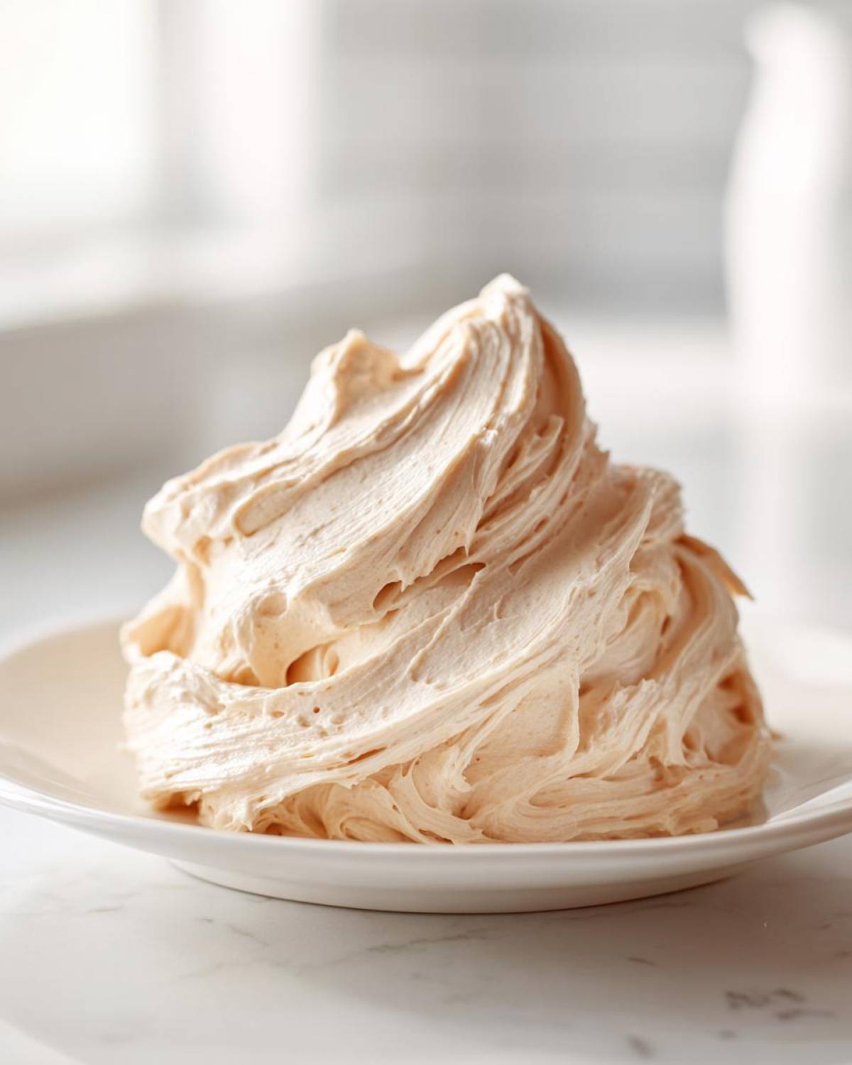 A beautiful swirl of light brown, fluffy cinnamon butter piped onto a small white plate.