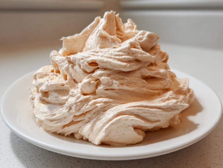A large, perfectly piped mound of light brown cinnamon butter sitting on a white plate.