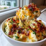 A spoonful of fluffy loaded mashed potatoes showing melted cheese stretching as it's lifted from a white bowl.