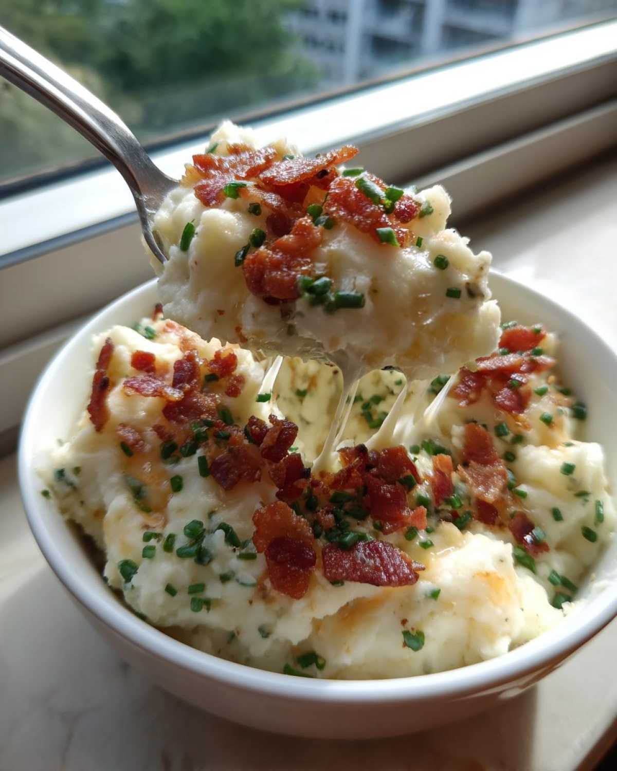 A fork lifts a scoop of fluffy loaded mashed potatoes showing melted cheese stretch, topped with bacon bits and chives.