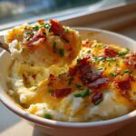A spoonful of fluffy loaded mashed potatoes topped with melted cheddar, bacon bits, and chives being lifted from a white bowl.