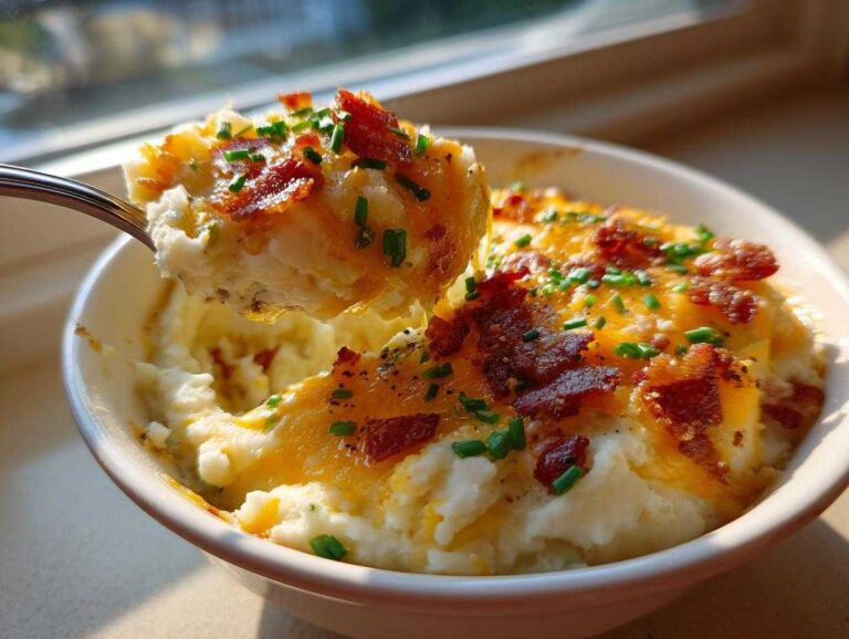 A spoonful of fluffy loaded mashed potatoes topped with melted cheddar, bacon bits, and chives being lifted from a white bowl.