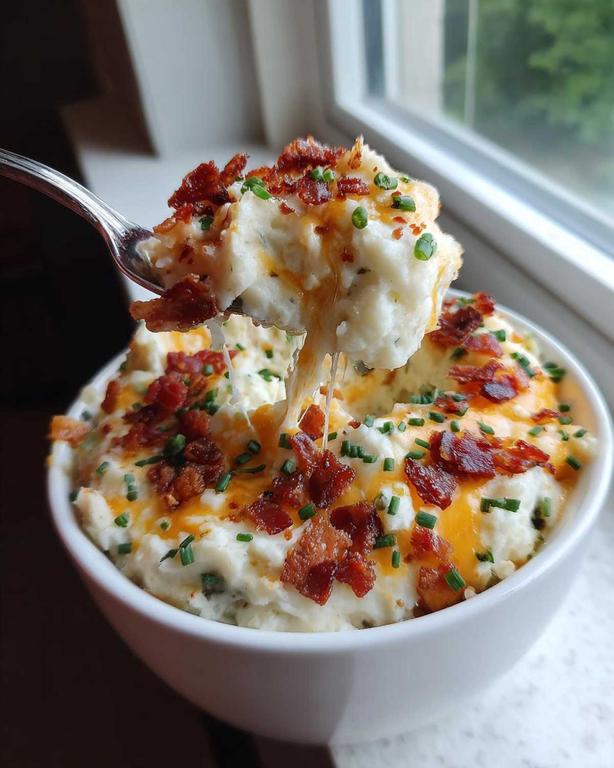 A spoonful of fluffy loaded mashed potatoes showing melted cheese pull, topped with bacon bits and chives.
