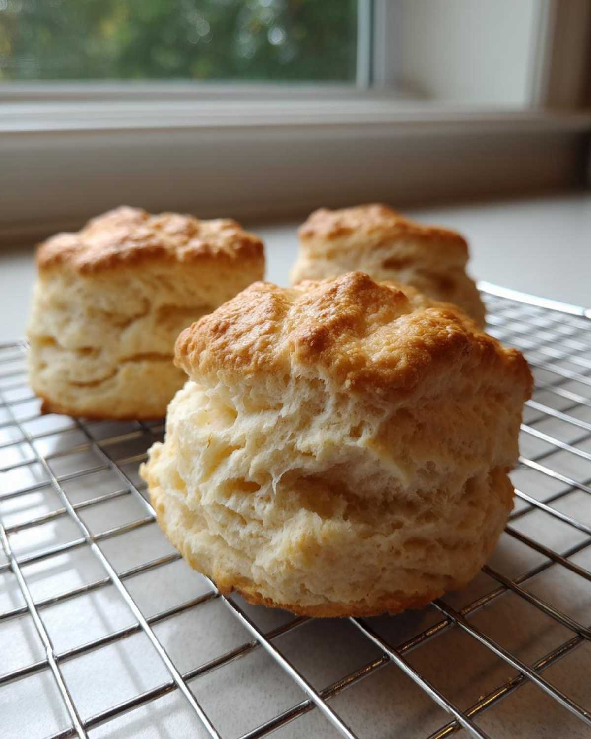 Three tall, fluffy scones with golden tops cooling on a wire rack near a window.