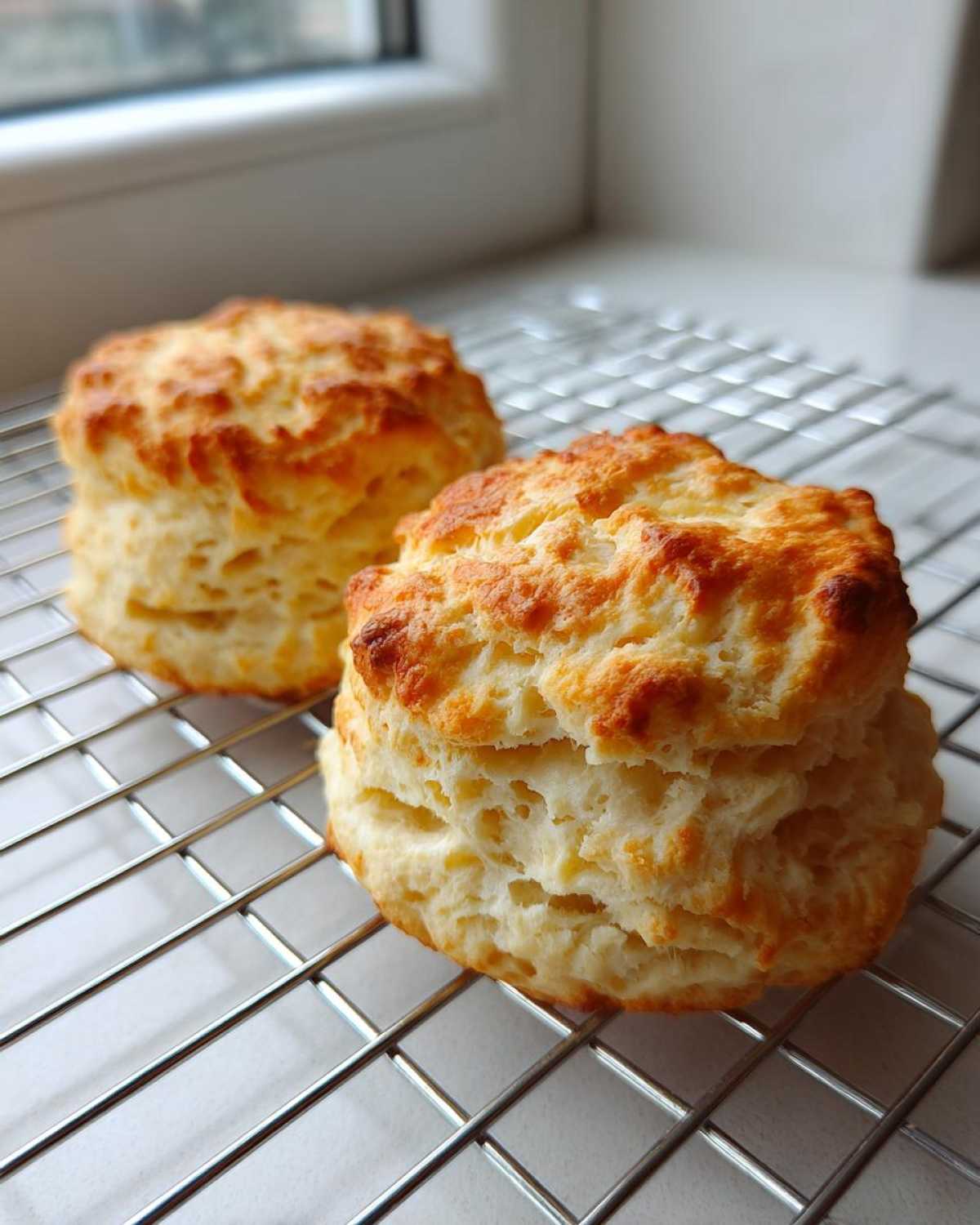 Two golden-brown, freshly baked fluffy scones cooling on a metal wire rack near a window.